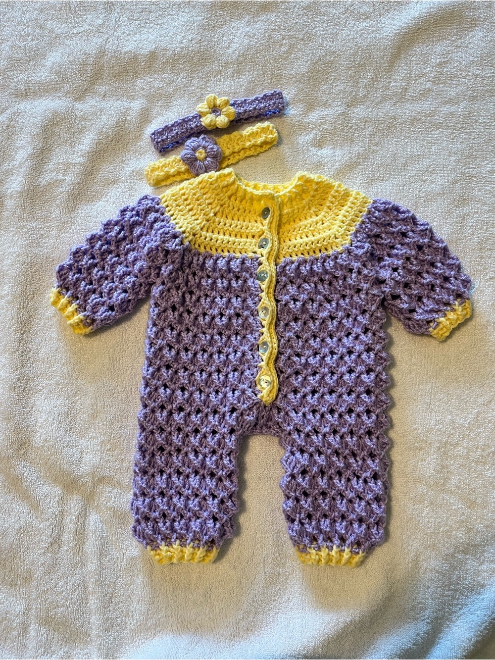 Handmade Purple and Yellow Crochet Baby Romper with Matching Headbands